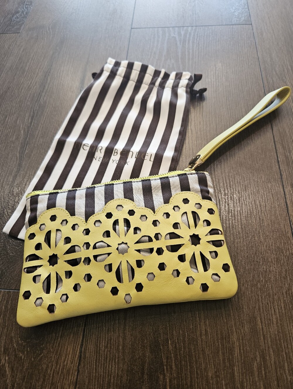 Henri Bendel Vibrant Yellow Laser Cut Floral Wristlet Clutch + Dust Bag
